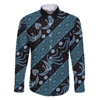 Indonesia Batik Pattern Family Matching Off The Shoulder Long Sleeve Dress and Hawaiian Shirt Blue Version