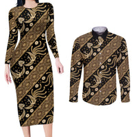 Indonesia Batik Pattern Couples Matching Long Sleeve Bodycon Dress and Long Sleeve Button Shirt Gold Version LT01 Gold - Polynesian Pride
