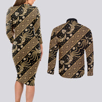 Indonesia Batik Pattern Couples Matching Long Sleeve Bodycon Dress and Long Sleeve Button Shirt Gold Version LT01 - Polynesian Pride