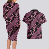 Indonesia Batik Pattern Couples Matching Long Sleeve Bodycon Dress and Hawaiian Shirt Pink Version LT01 - Polynesian Pride