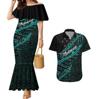 Personalised Aotearoa Couples Matching Mermaid Dress and Hawaiian Shirt Silver Fern Mix Paua Shell Polynesian Pattern LT01 Black - Polynesian Pride