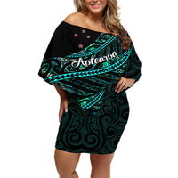 Personalised Aotearoa Off Shoulder Short Dress Silver Fern Mix Paua Shell Polynesian Pattern LT01 Women Black - Polynesian Pride