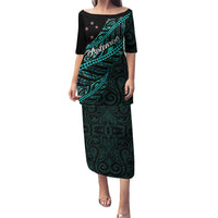 Personalised Aotearoa Puletasi Silver Fern Mix Paua Shell Polynesian Pattern LT01 Long Dress Black - Polynesian Pride