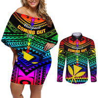 Personalised Hawaii Couples Matching Off Shoulder Short Dress and Long Sleeve Button Shirts Kanaka Maoli Kakau 2023 National Coming Out Day LT01 Black - Polynesian Pride