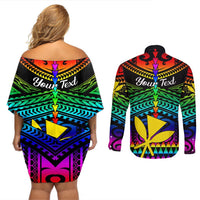 Personalised Hawaii Couples Matching Off Shoulder Short Dress and Long Sleeve Button Shirts Kanaka Maoli Kakau 2023 National Coming Out Day LT01 - Polynesian Pride