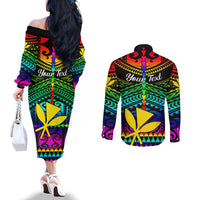 Personalised Hawaii Couples Matching Off The Shoulder Long Sleeve Dress and Long Sleeve Button Shirts Kanaka Maoli Kakau 2023 National Coming Out Day LT01 - Polynesian Pride