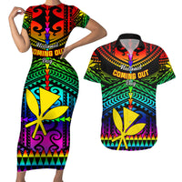 Personalised Hawaii Couples Matching Short Sleeve Bodycon Dress and Hawaiian Shirt Kanaka Maoli Kakau 2023 National Coming Out Day LT01 Black - Polynesian Pride