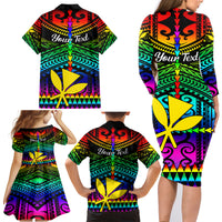 Personalised Hawaii Family Matching Long Sleeve Bodycon Dress and Hawaiian Shirt Kanaka Maoli Kakau 2023 National Coming Out Day LT01 - Polynesian Pride