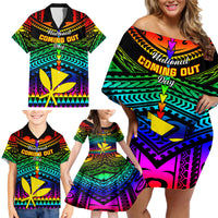 Personalised Hawaii Family Matching Off Shoulder Short Dress and Hawaiian Shirt Kanaka Maoli Kakau 2023 National Coming Out Day LT01 - Polynesian Pride