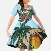 Personalized Aloha Hawaii Skeleton Family Matching Off The Shoulder Long Sleeve Dress and Hawaiian Shirt Tropical Summer Vibe LT01 Daughter's Dress Blue - Polynesian Pride