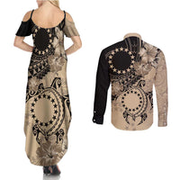 Cook Islands Turtle Couples Matching Summer Maxi Dress and Long Sleeve Button Shirt Stars and Hibiscus - Beige