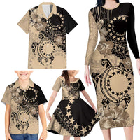 Cook Islands Turtle Family Matching Long Sleeve Bodycon Dress and Hawaiian Shirt Stars and Hibiscus - Beige LT01 - Polynesian Pride
