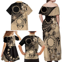 Cook Islands Turtle Family Matching Off Shoulder Maxi Dress and Hawaiian Shirt Stars and Hibiscus - Beige LT01 - Polynesian Pride