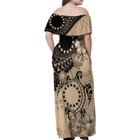 Cook Islands Turtle Family Matching Off Shoulder Maxi Dress and Hawaiian Shirt Stars and Hibiscus - Beige LT01 - Polynesian Pride