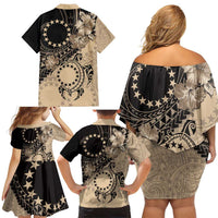 Cook Islands Turtle Family Matching Off Shoulder Short Dress and Hawaiian Shirt Stars and Hibiscus - Beige LT01 - Polynesian Pride