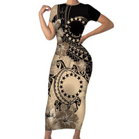 Cook Islands Turtle Family Matching Short Sleeve Bodycon Dress and Hawaiian Shirt Stars and Hibiscus - Beige LT01 Mom's Dress Beige - Polynesian Pride