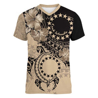 Cook Islands Turtle Women V-Neck T-Shirt Stars and Hibiscus - Beige