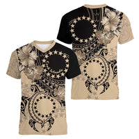 Cook Islands Turtle Women V-Neck T-Shirt Stars and Hibiscus - Beige