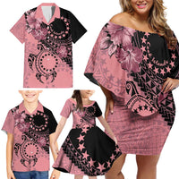 Cook Islands Turtle Family Matching Off Shoulder Short Dress and Hawaiian Shirt Stars and Hibiscus - Pink LT01 - Polynesian Pride