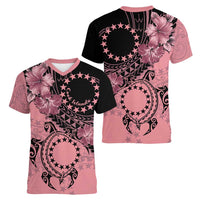 Cook Islands Turtle Women V-Neck T-Shirt Stars and Hibiscus - Pink