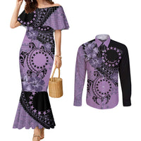 Cook Islands Turtle Couples Matching Mermaid Dress and Long Sleeve Button Shirt Stars and Hibiscus - Purple LT01 Purple - Polynesian Pride