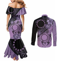 Cook Islands Turtle Couples Matching Mermaid Dress and Long Sleeve Button Shirt Stars and Hibiscus - Purple LT01 - Polynesian Pride