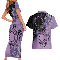 Cook Islands Turtle Couples Matching Short Sleeve Bodycon Dress and Hawaiian Shirt Stars and Hibiscus - Purple LT01 - Polynesian Pride