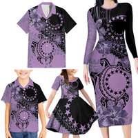 Cook Islands Turtle Family Matching Long Sleeve Bodycon Dress and Hawaiian Shirt Stars and Hibiscus - Purple LT01 - Polynesian Pride