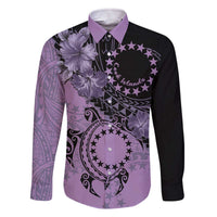 Cook Islands Turtle Family Matching Off The Shoulder Long Sleeve Dress and Hawaiian Shirt Stars and Hibiscus - Purple LT01 Dad's Shirt - Long Sleeve Purple - Polynesian Pride