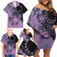 Cook Islands Turtle Family Matching Off Shoulder Short Dress and Hawaiian Shirt Stars and Hibiscus - Purple LT01 - Polynesian Pride
