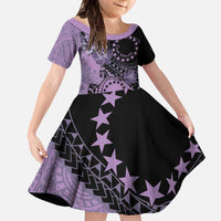 Cook Islands Turtle Family Matching Short Sleeve Bodycon Dress and Hawaiian Shirt Stars and Hibiscus - Purple LT01 Daughter's Dress Purple - Polynesian Pride