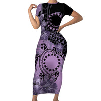 Cook Islands Turtle Family Matching Short Sleeve Bodycon Dress and Hawaiian Shirt Stars and Hibiscus - Purple LT01 Mom's Dress Purple - Polynesian Pride