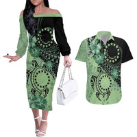 Cook Islands Turtle Couples Matching Off The Shoulder Long Sleeve Dress and Hawaiian Shirt Stars and Hibiscus - Green LT01 Green - Polynesian Pride