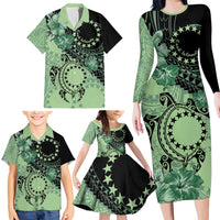 Cook Islands Turtle Family Matching Long Sleeve Bodycon Dress and Hawaiian Shirt Stars and Hibiscus - Green LT01 - Polynesian Pride