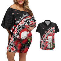 New Zealand Christmas Meri Kirihimete Couples Matching Off Shoulder Short Dress and Hawaiian Shirt Santa Hei Tiki Pohutukawa LT01 Black - Polynesian Pride