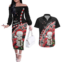 New Zealand Christmas Meri Kirihimete Couples Matching Off The Shoulder Long Sleeve Dress and Hawaiian Shirt Santa Hei Tiki Pohutukawa LT01 Black - Polynesian Pride