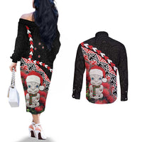 New Zealand Christmas Meri Kirihimete Couples Matching Off The Shoulder Long Sleeve Dress and Long Sleeve Button Shirt Santa Hei Tiki Pohutukawa LT01 - Polynesian Pride