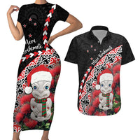 New Zealand Christmas Meri Kirihimete Couples Matching Short Sleeve Bodycon Dress and Hawaiian Shirt Santa Hei Tiki Pohutukawa LT01 Black - Polynesian Pride