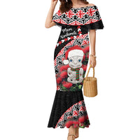 New Zealand Christmas Meri Kirihimete Family Matching Mermaid Dress and Hawaiian Shirt Santa Hei Tiki Pohutukawa LT01 Mom's Dress Black - Polynesian Pride
