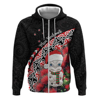 New Zealand Christmas Meri Kirihimete Hoodie Santa Hei Tiki Pohutukawa LT01 Zip Hoodie Black - Polynesian Pride