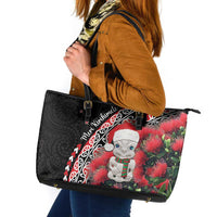 New Zealand Christmas Meri Kirihimete Leather Tote Bag Santa Hei Tiki Pohutukawa LT01 Black - Polynesian Pride