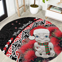 New Zealand Christmas Meri Kirihimete Round Carpet Santa Hei Tiki Pohutukawa LT01 Black - Polynesian Pride