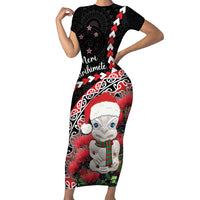 New Zealand Christmas Meri Kirihimete Short Sleeve Bodycon Dress Santa Hei Tiki Pohutukawa LT01 Long Dress Black - Polynesian Pride