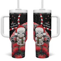 New Zealand Christmas Meri Kirihimete Tumbler With Handle Santa Hei Tiki Pohutukawa LT01 One Size: 40 oz Black - Polynesian Pride
