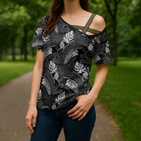 Grayscale Monstera Cross Shoulder Shirt Polynesian Tribal Pattern - Polynesian Pride