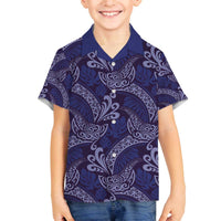 Deep Blue Monstera Family Matching Off The Shoulder Long Sleeve Dress and Hawaiian Shirt Polynesian Tribal Pattern - Polynesian Pride