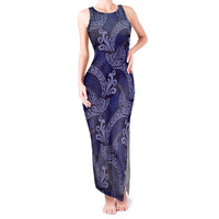 Deep Blue Monstera Tank Maxi Dress Polynesian Tribal Pattern - Polynesian Pride