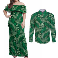 Forest Green Monstera Couples Matching Off Shoulder Maxi Dress and Long Sleeve Button Shirt Polynesian Tribal Pattern LT01 Green - Polynesian Pride
