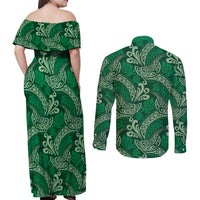 Forest Green Monstera Couples Matching Off Shoulder Maxi Dress and Long Sleeve Button Shirt Polynesian Tribal Pattern LT01 - Polynesian Pride