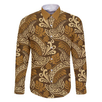 Brown Gold Monstera Family Matching Off The Shoulder Long Sleeve Dress and Hawaiian Shirt Polynesian Tribal Pattern LT01 Dad's Shirt - Long Sleeve Gold - Polynesian Pride